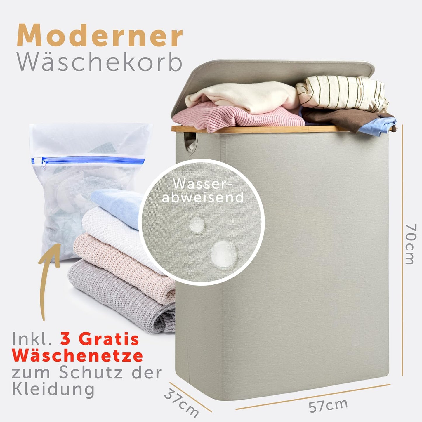 Wäschesammler mit 2 Wäschebeuteln und Wäschenetzen, Beige 140L