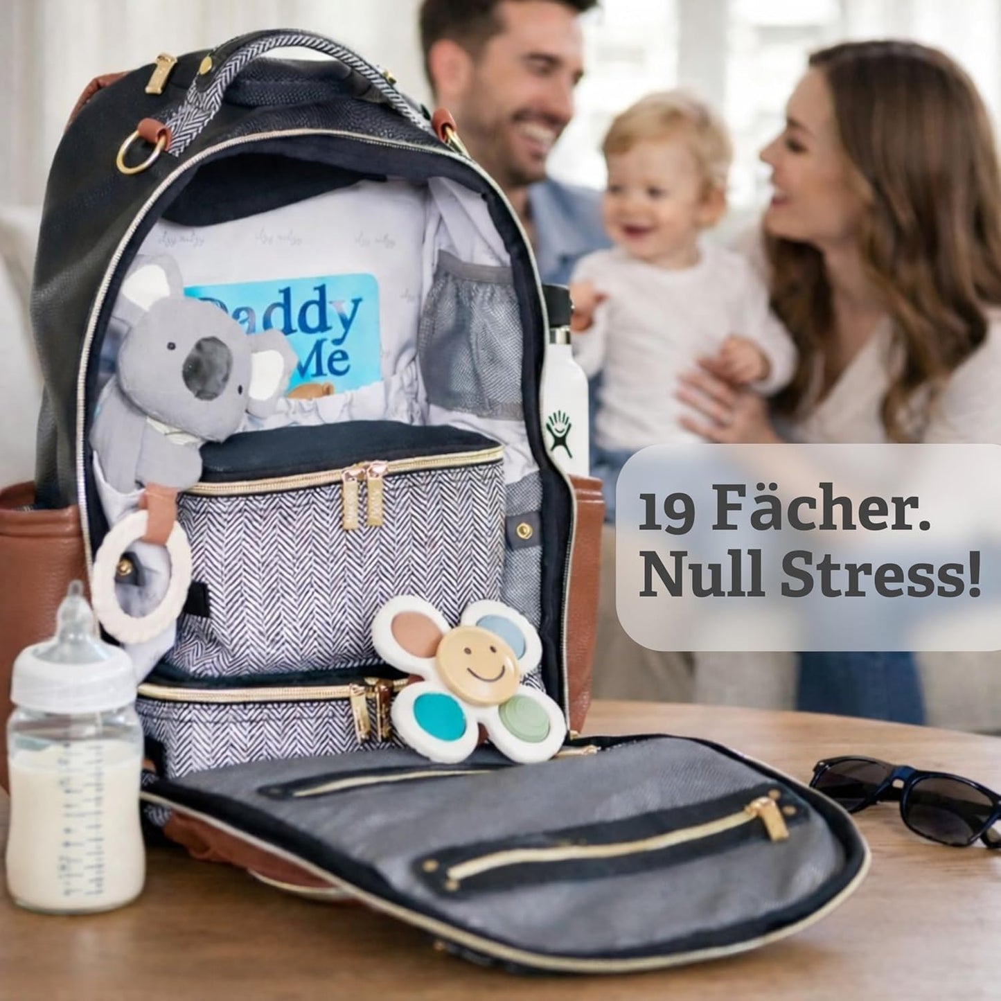 Wickelrucksack mit Wickelunterlage (19 Fächer), Cognac