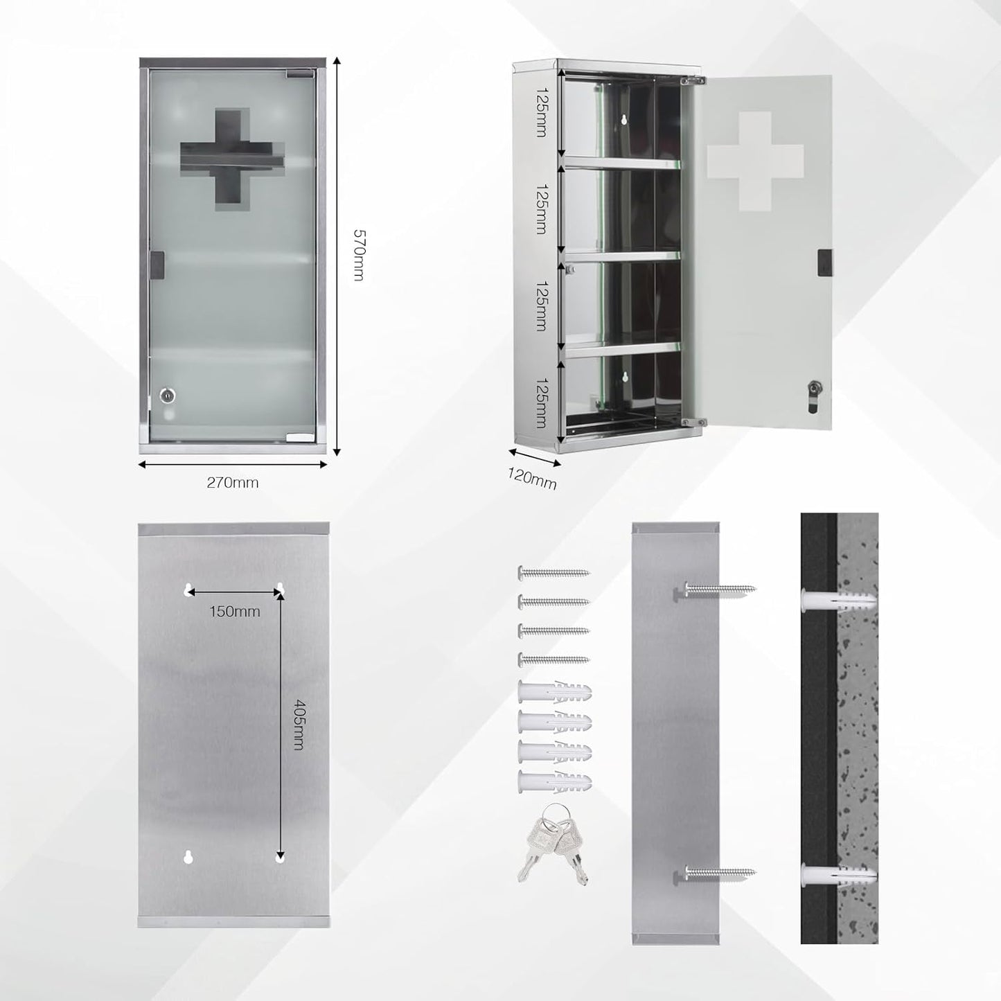 Medizinschrank, abschliessbar, 4 Fächer, Silber - 4 Fächer