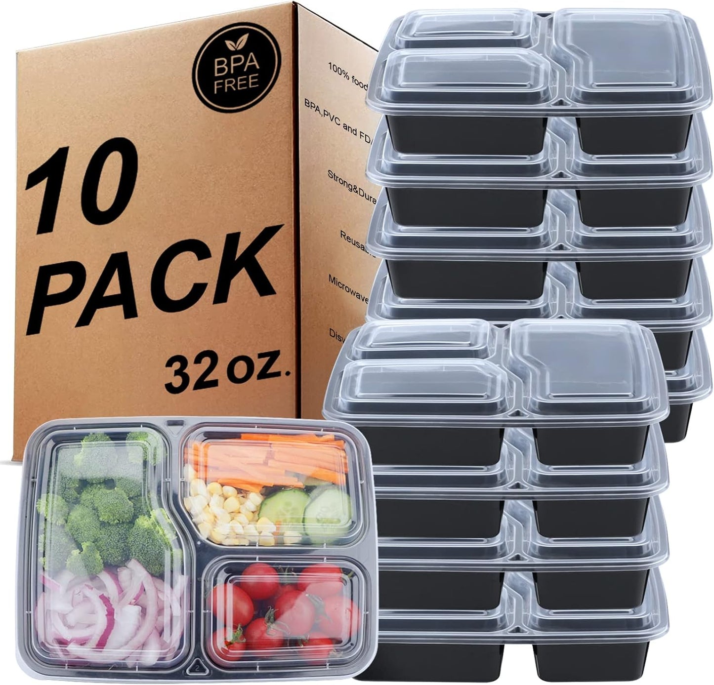 Meal Prep Container-Set, 3 Compartment 10 Pack