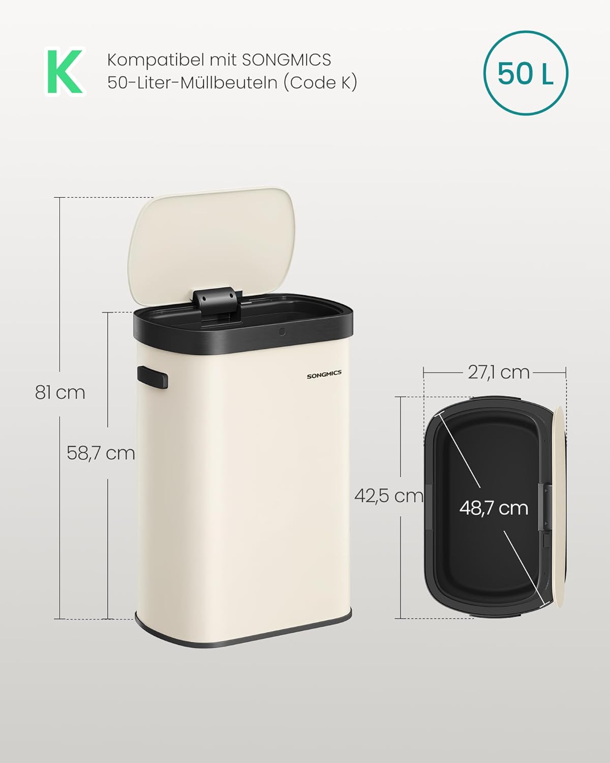 Mülleimer mit Sensor und Softclose-Deckel, LTB640AZ02, cremefarben