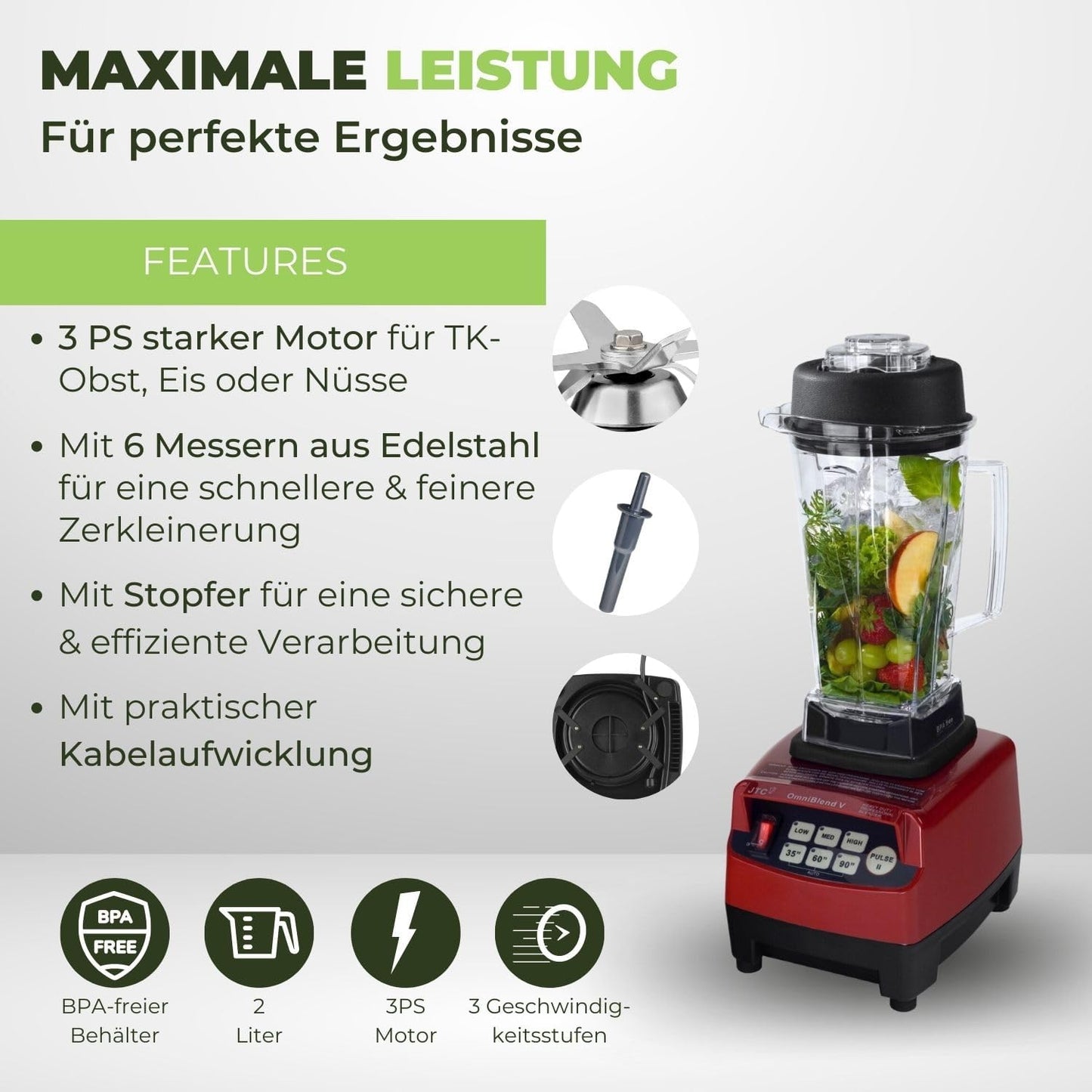 Smoothie Standmixer, 2L BPA-FREI Rot
