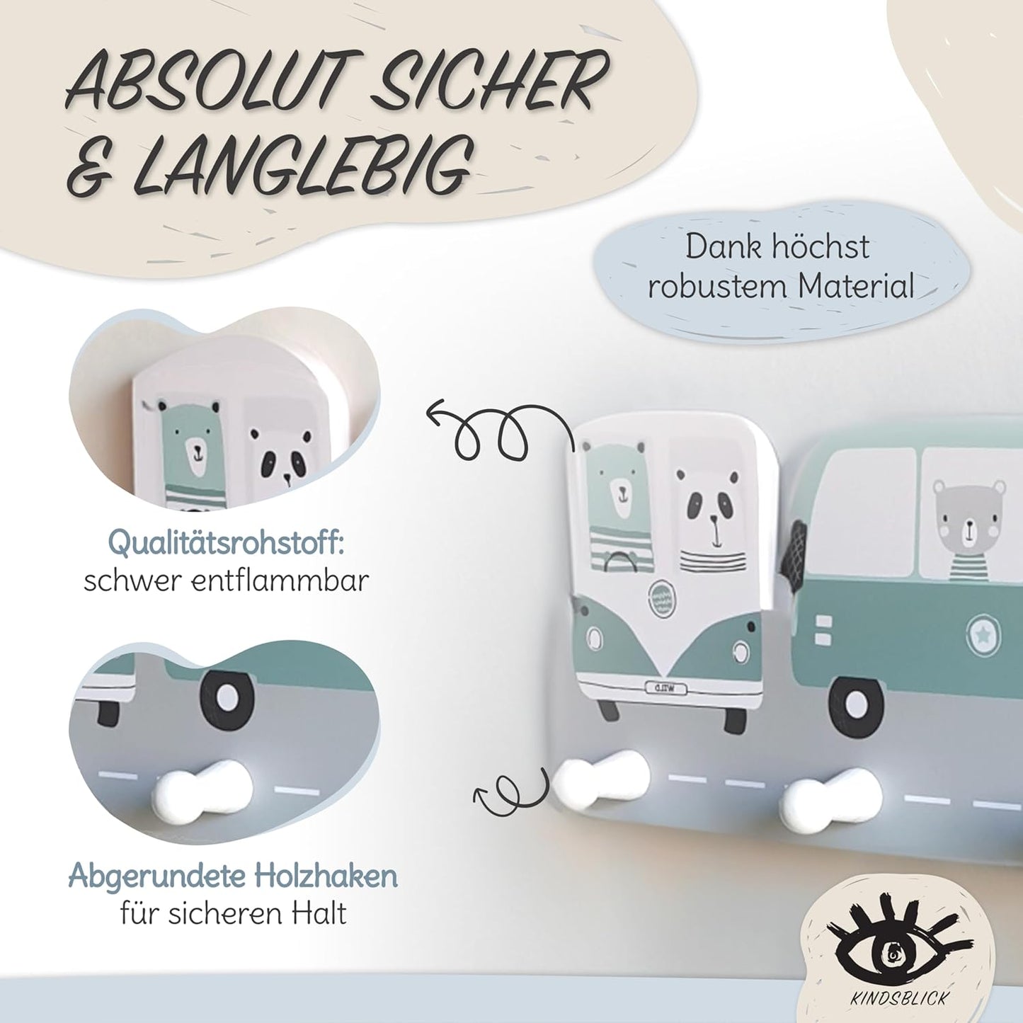 Kindergarderobe mit 4 Haken, Wild Cars Mintgrün