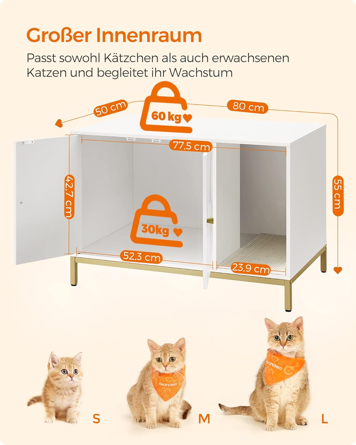 Katzentoiletten-Schrank, 80 x 50 x 55 cm Weiß + Goldfarben