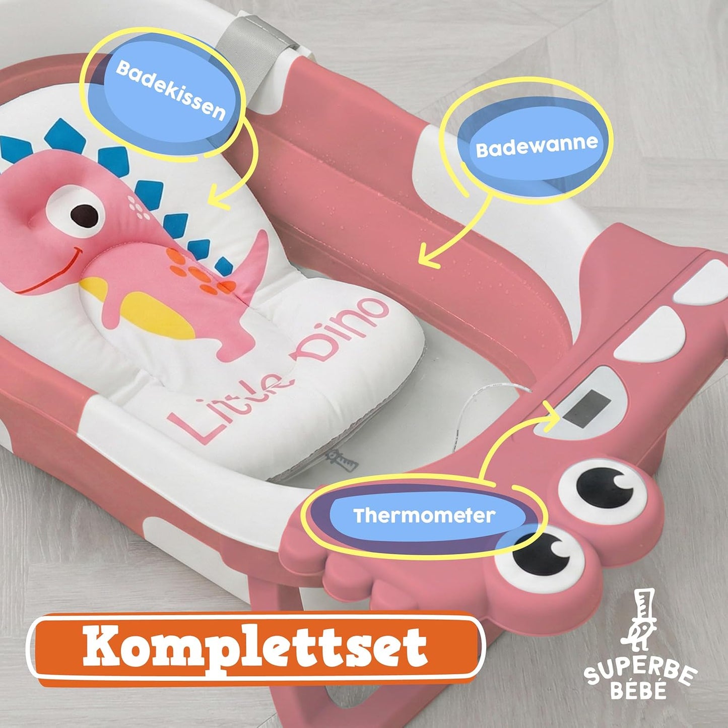 Faltbare Babybadewanne mit Rutschschutz & Thermometer, 2 x faltbar ROSA