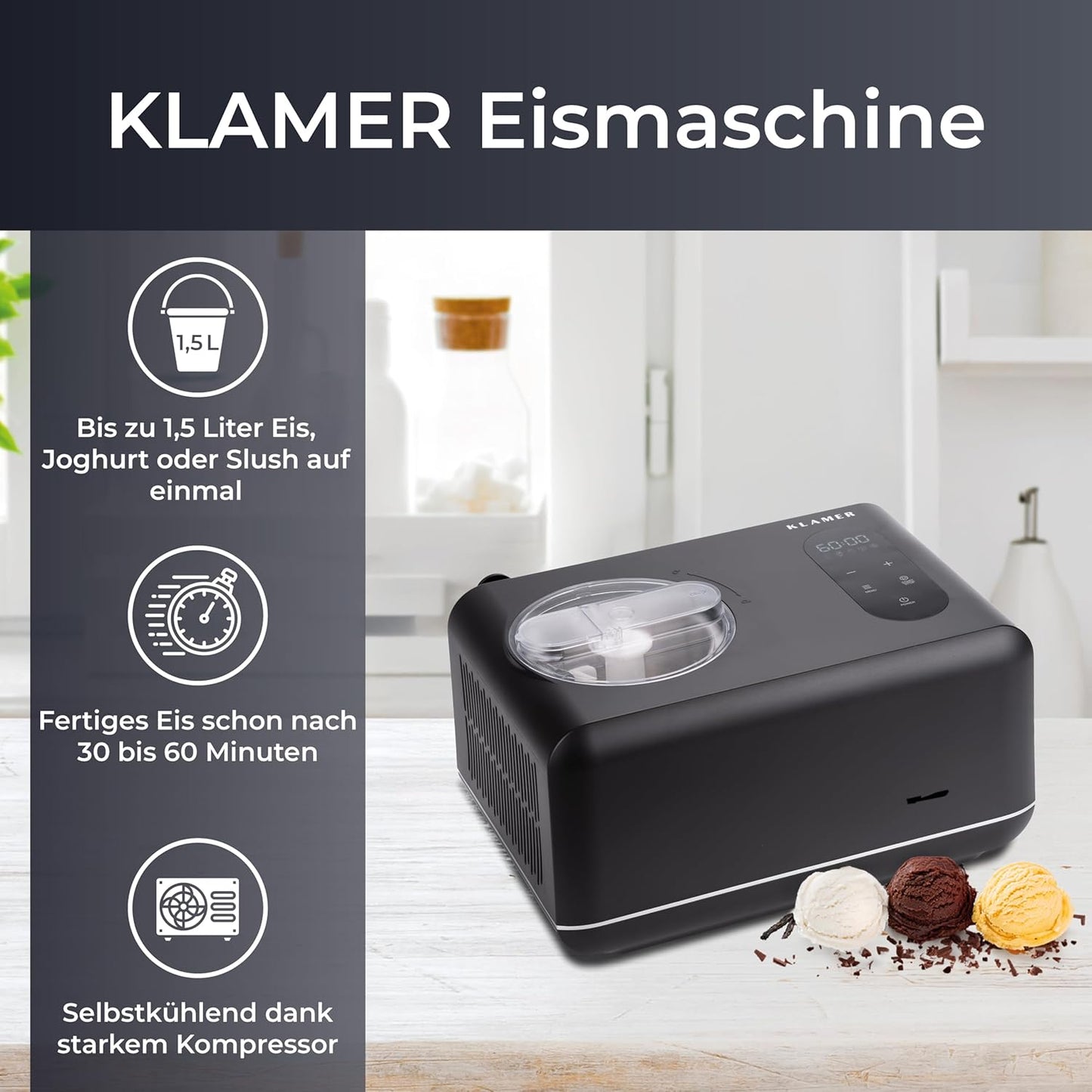 3-in-1 Eismaschine & Joghurtbereiter, 1,5L Pro Schwarz
