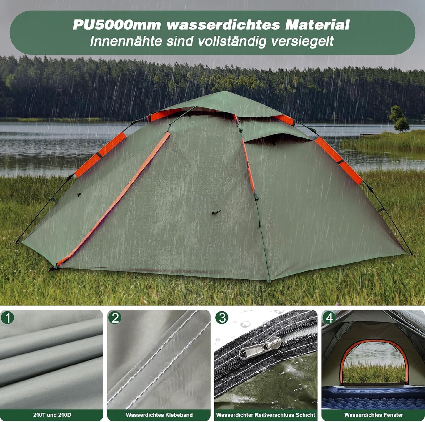 Pop Up Campingzelt für 2-4 Personen, wasserdicht
