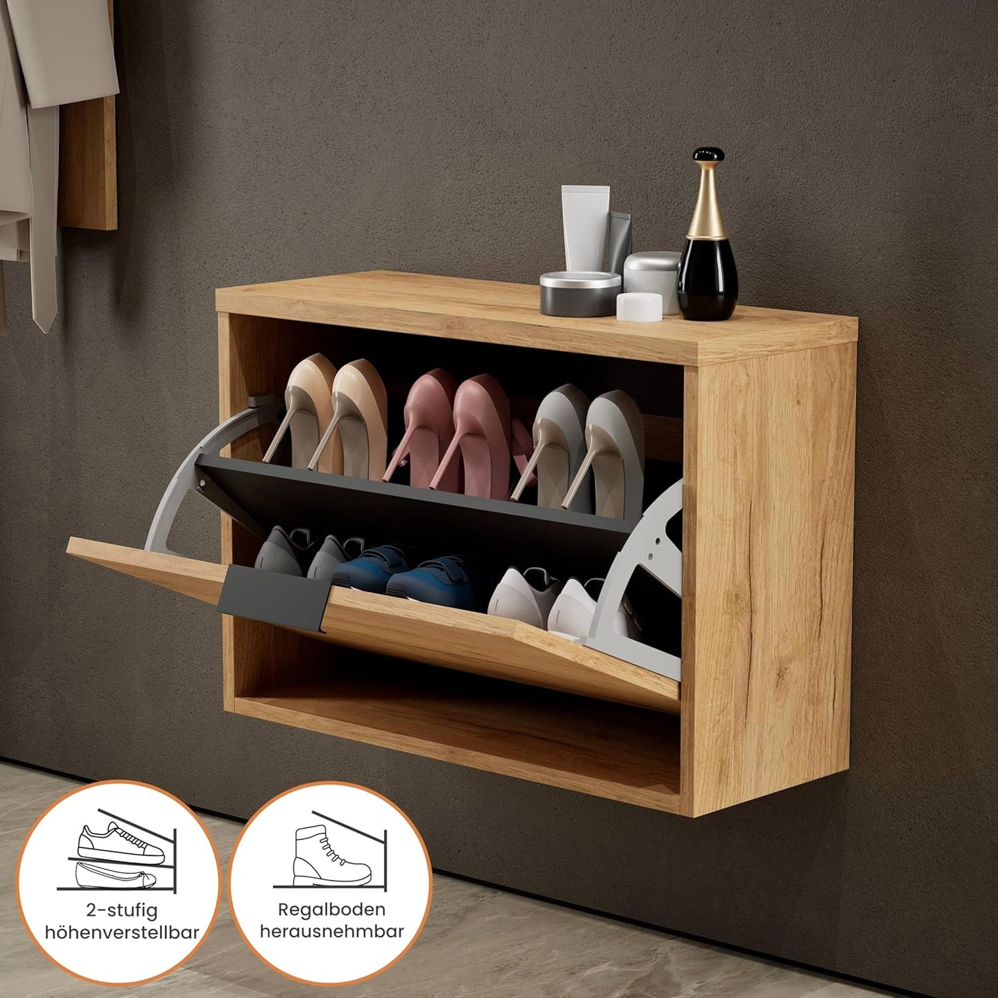Schmaler Schuhschrank inkl. Spiegel, 1 Klappe + Spiegel rund (rahmen) Gold Eiche