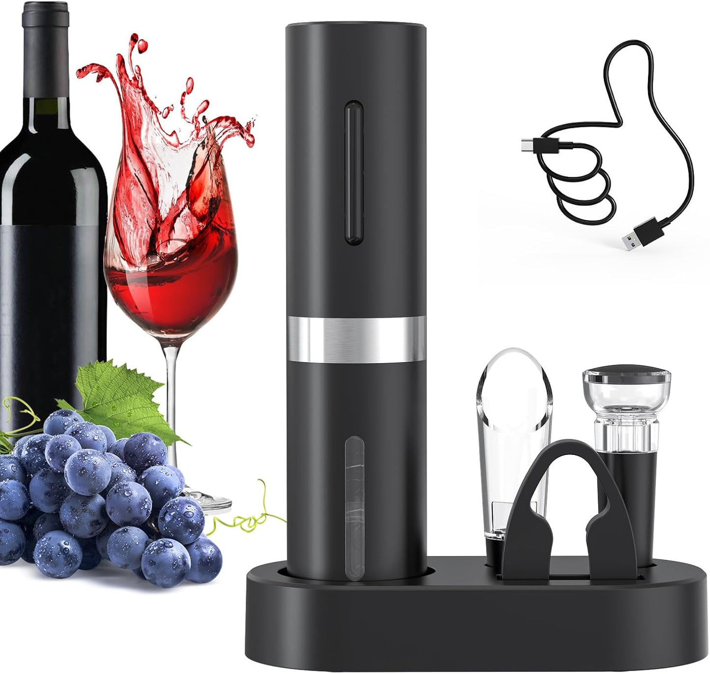Elektrischer Korkenzieher mit Folienschneider und Weinausgiesser, 5-in-1 Wiederaufladbares Weinset mit Basis - Schwarz