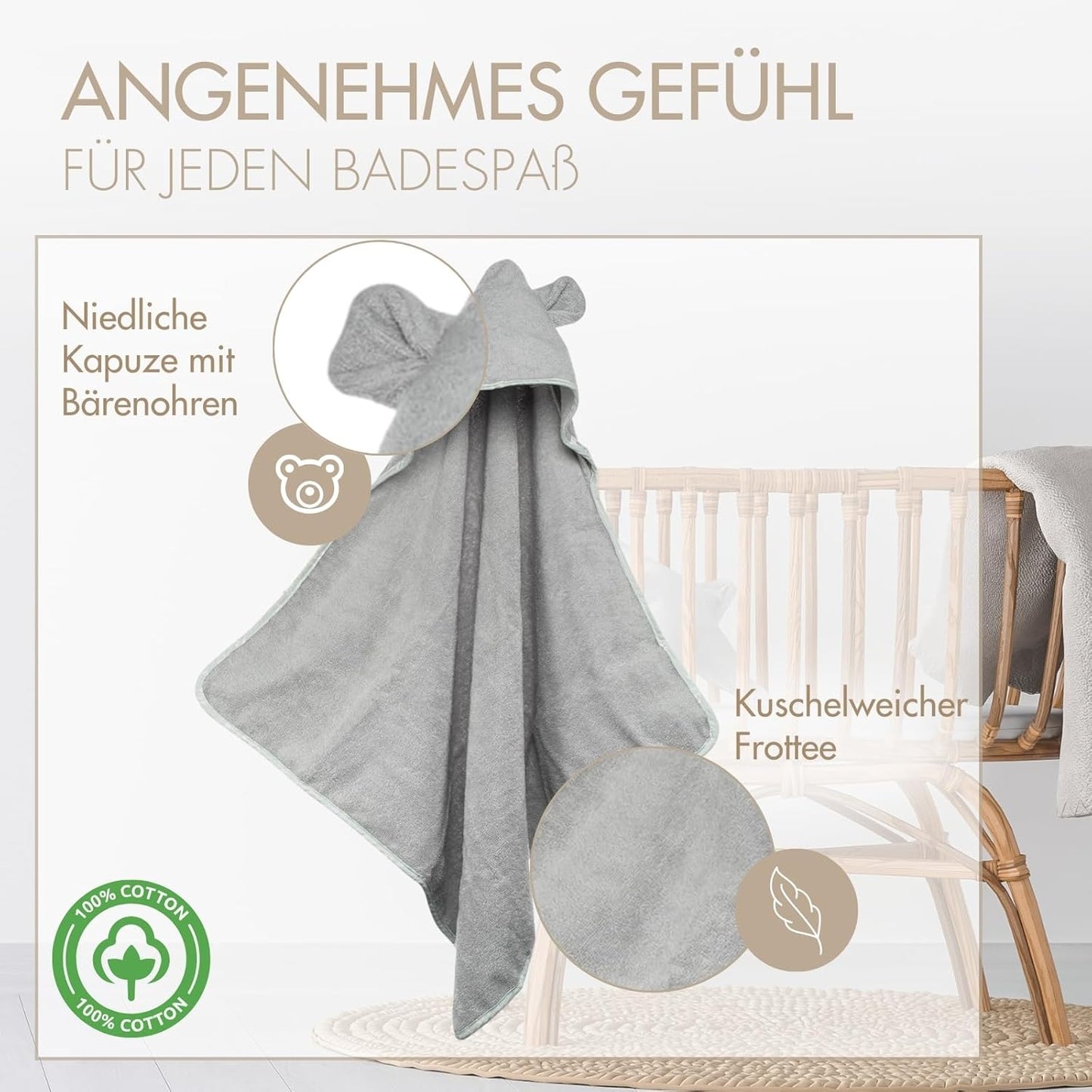 Kapuzenhandtuch für Babys und Kleinkinder aus Frottee, Grau Kapuze mit Ohren