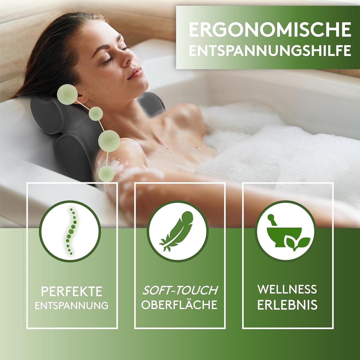 Ergonomisches Badewannenkissen mit Saugnäpfen, 3D Grau