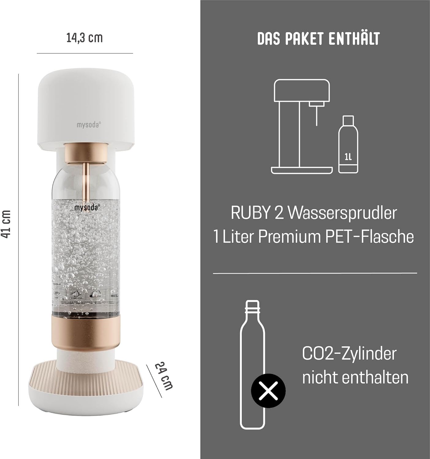 Ruby 2 Wassersprudler mit Wasserflasche (ohne CO2-Zylinder), White-Copper
