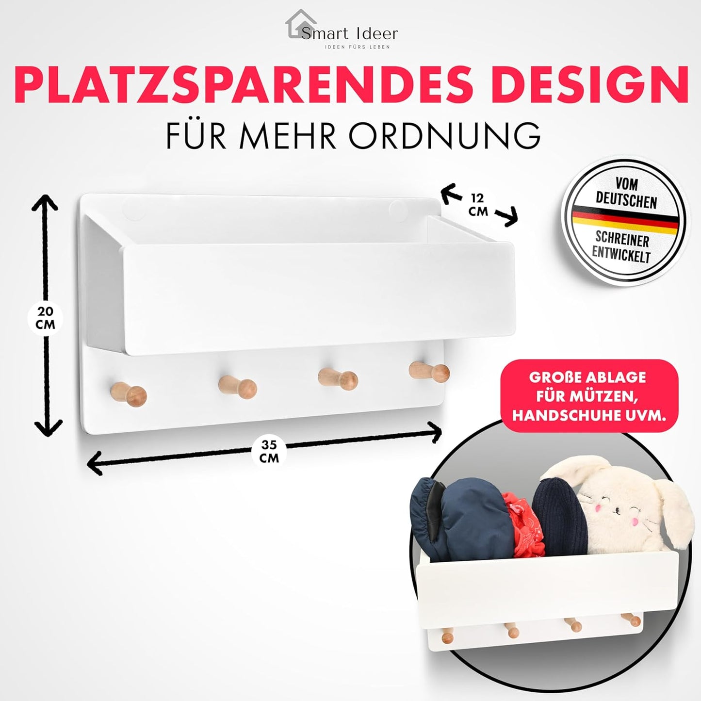 Kindergarderobe mit Holzablage und 4 Haken
