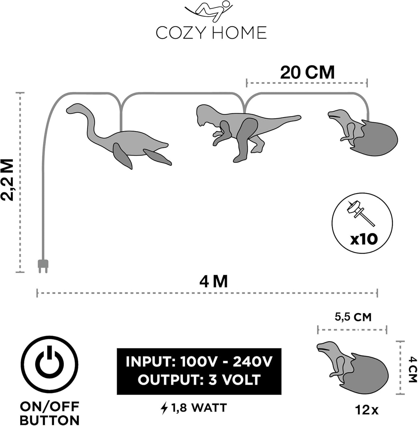 Dino Lichterkette, Stecker - 12 Dinos - Schalter