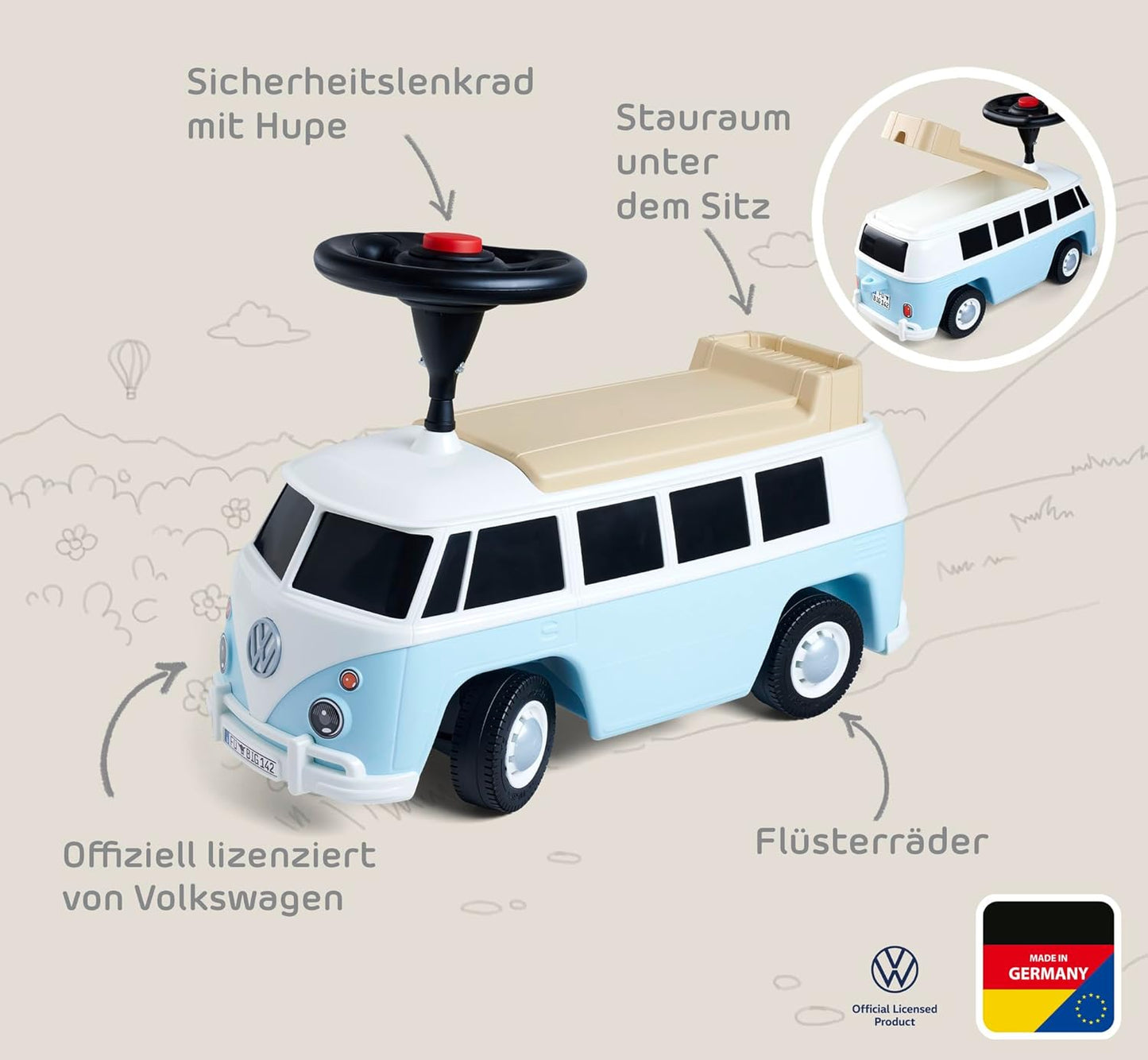 2-in-1 Rutschauto VW T1 mit Hupe