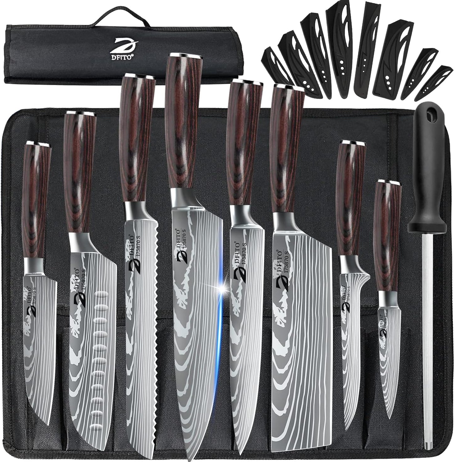 Küchenmesser-Set inkl. Wetzstahl, Messerscheiden und Tragetasche, Roter Griff