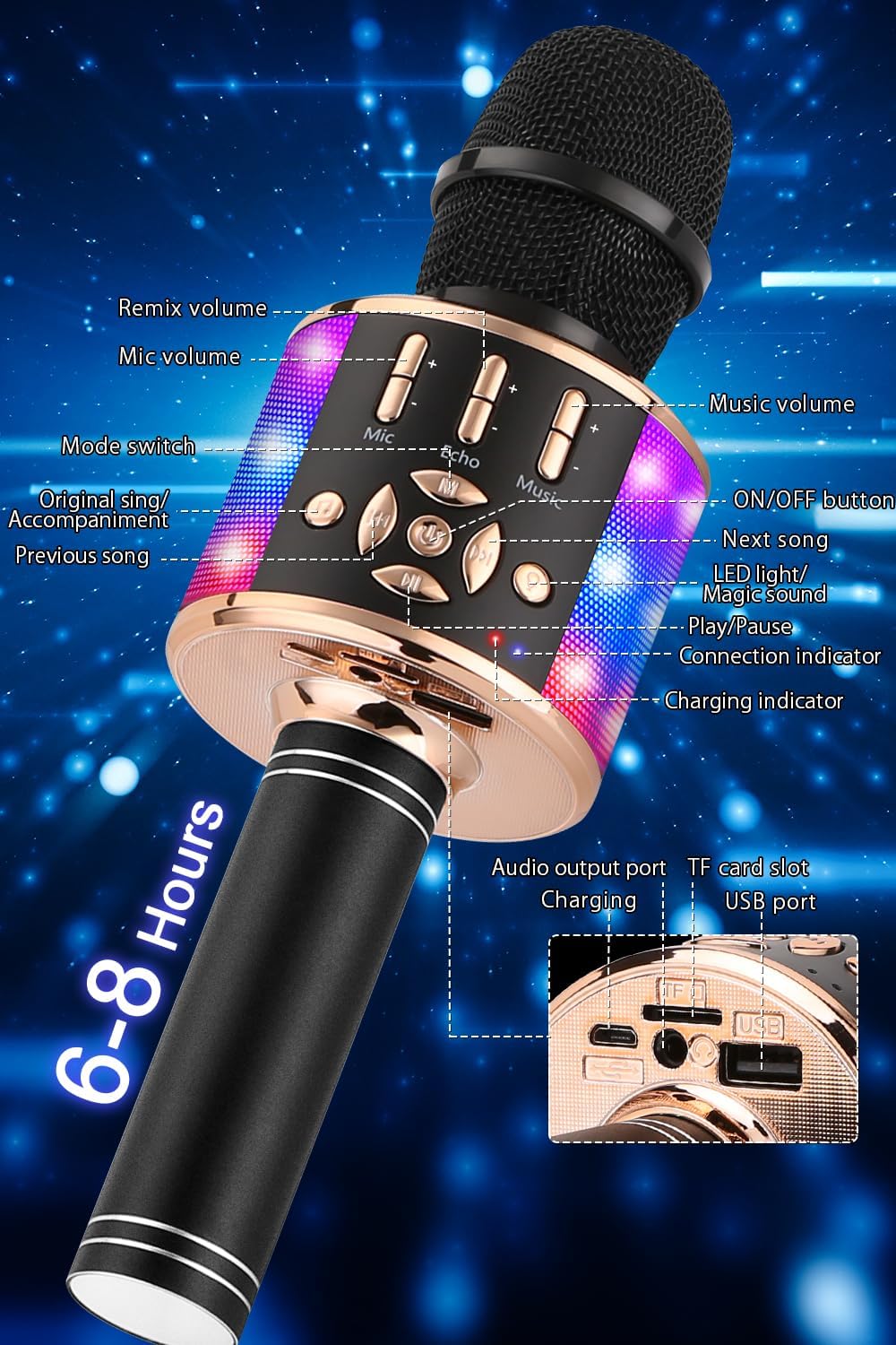 Kabelloses Bluetooth-Kindermikrofon mit LED-Lichtern, Schwarzes Gold