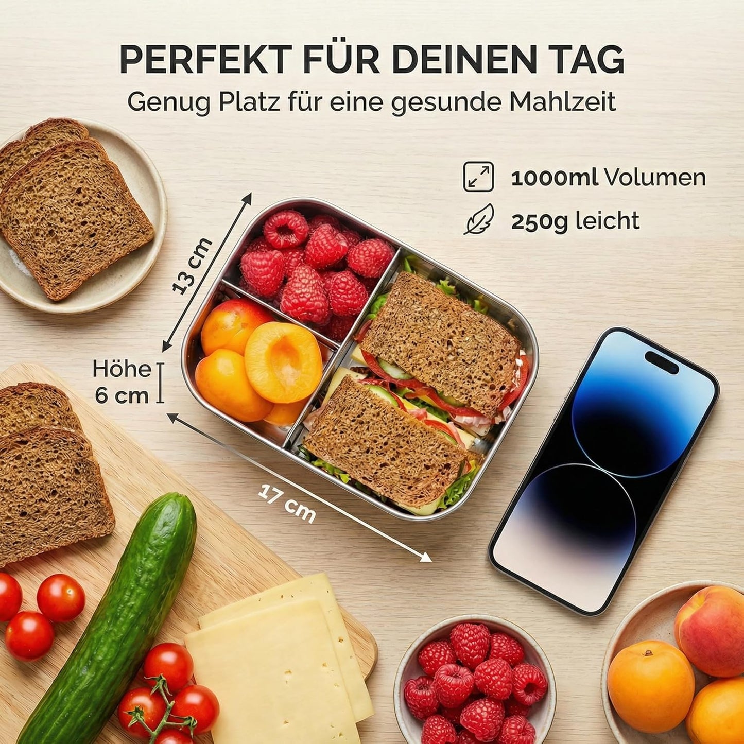 Brotdose mit 3 Fächern, spülmaschinengeeignet, 1000ml / 3 Fächer Edelstahl