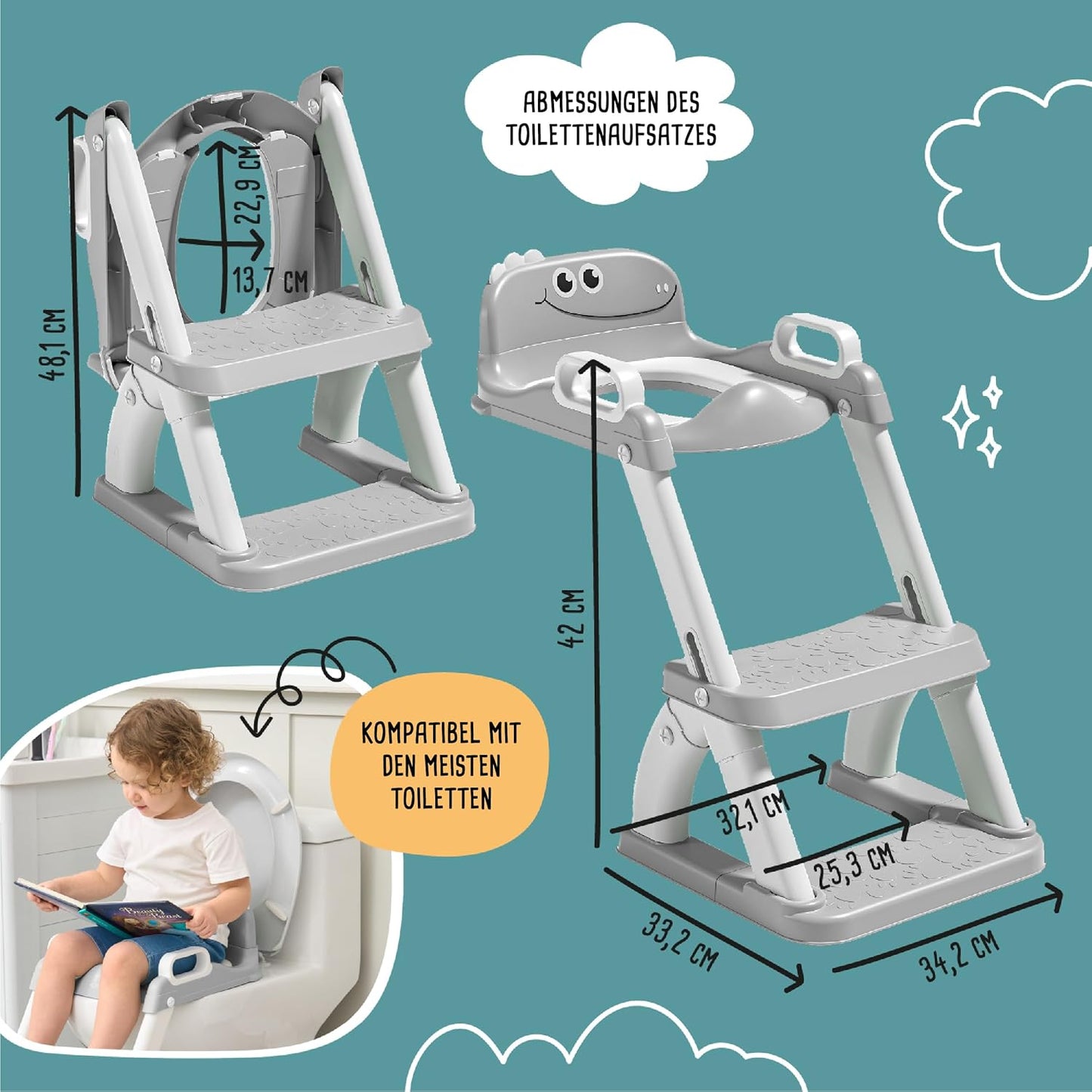 Kinder Toilettensitz mit Treppe & Rückenlehne, Grau
