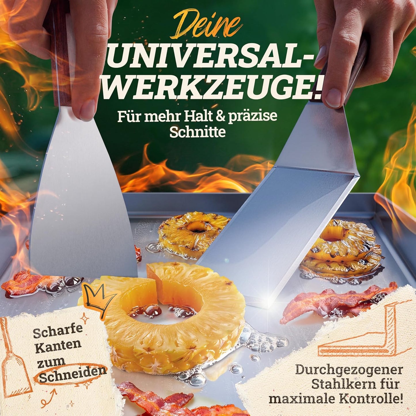 Grillplatte & Burger-Smasher Set (5-teilig), Bundel: Plancha-set & Burger Smasher-set 20x40cm