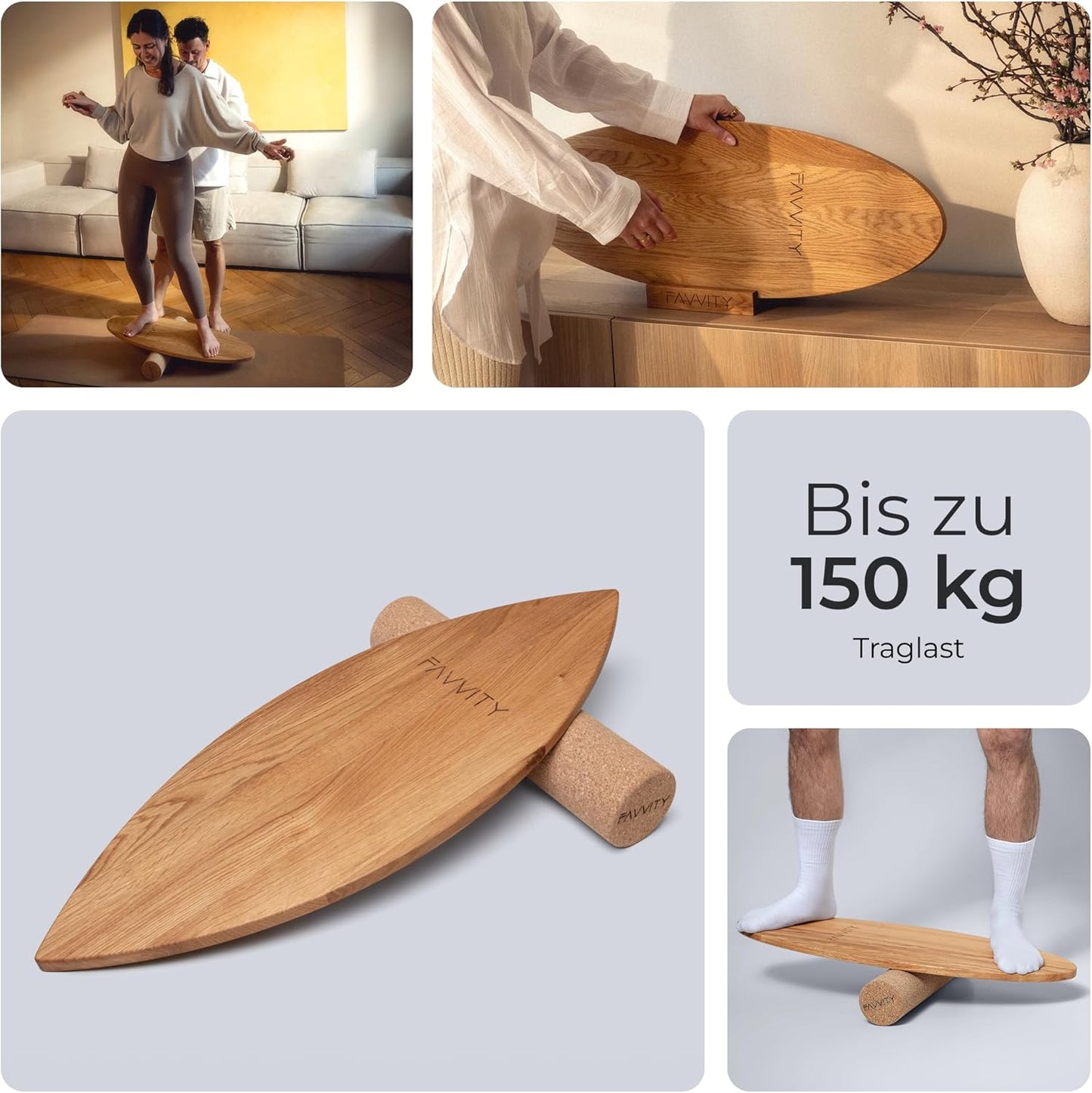 Balance Board aus Eichenholz, Komplett-Set + App + Ständer: Eiche (Spitz)