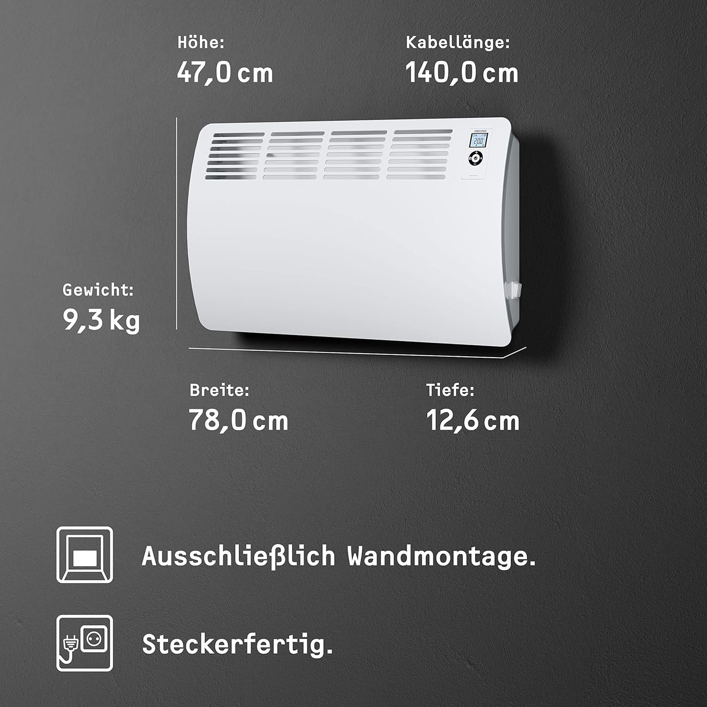 Wandkonvektor, für ca. 25 m² Aluminiumfront und 120.Min.-Timer Wandmontage 2024