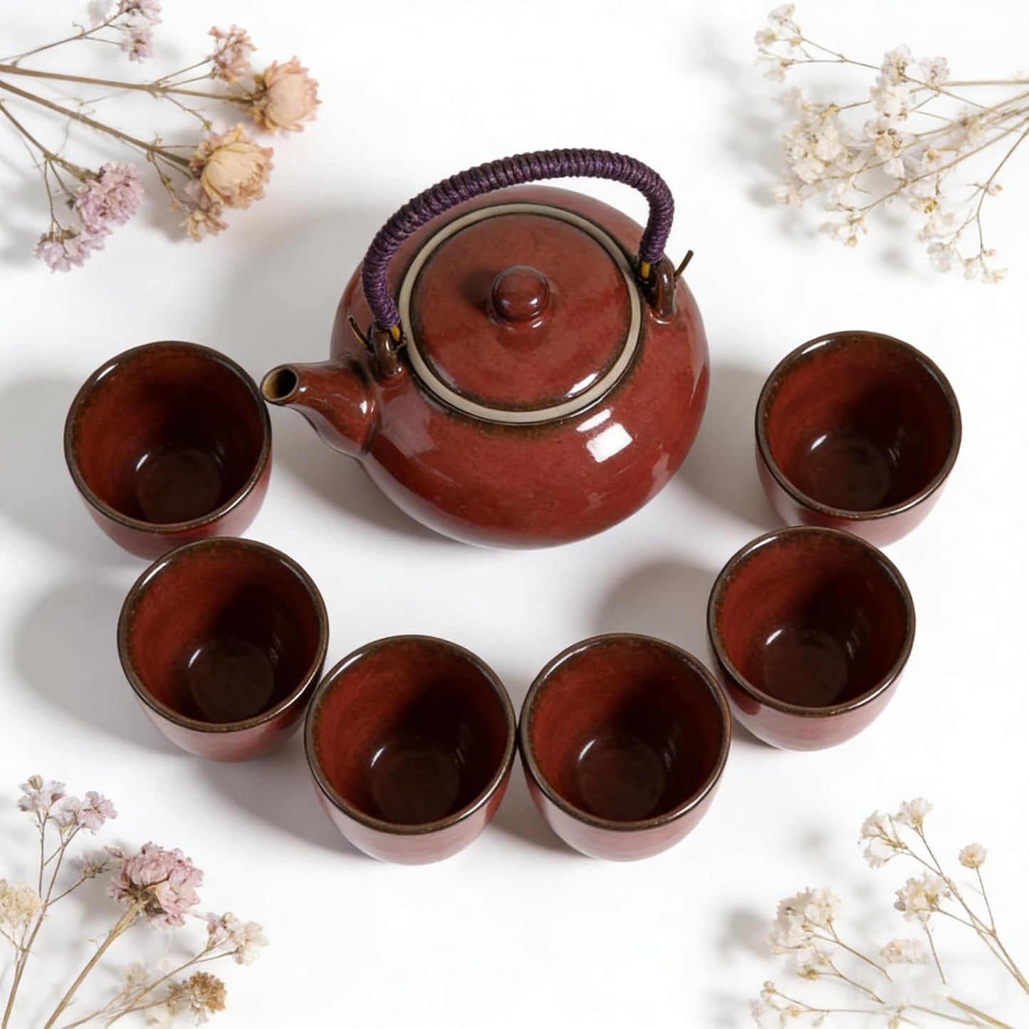 Chinesische Teeservice mit Teekanne und Tassen, Rot