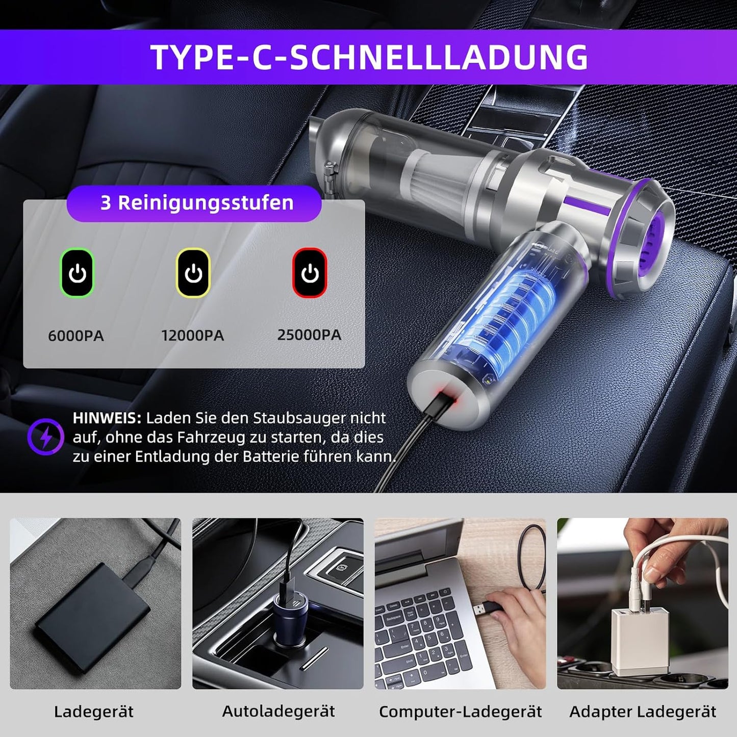 4-in-1 Akkustaubsauger mit Selbstentleerung, Silber mit Lila
