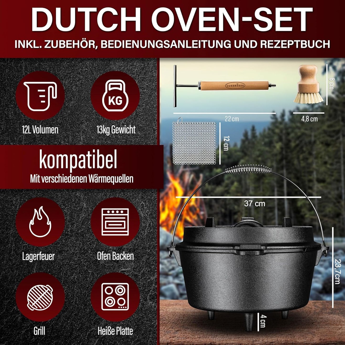 Dutch Oven Set mit Zubehör, Schwarz mit Füsse + Ringreiniger 12 Liter
