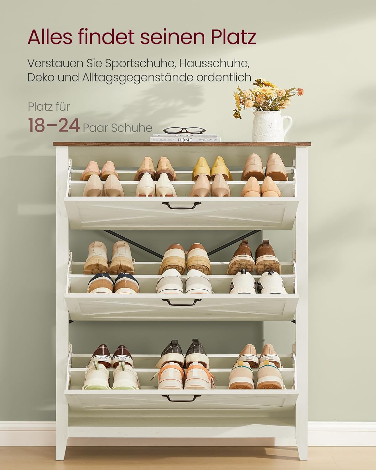 Schuhschrank mit 3 Klappen, Landhausstil, schmal, Vintageweiss 24T x 87B x 122,6H cm