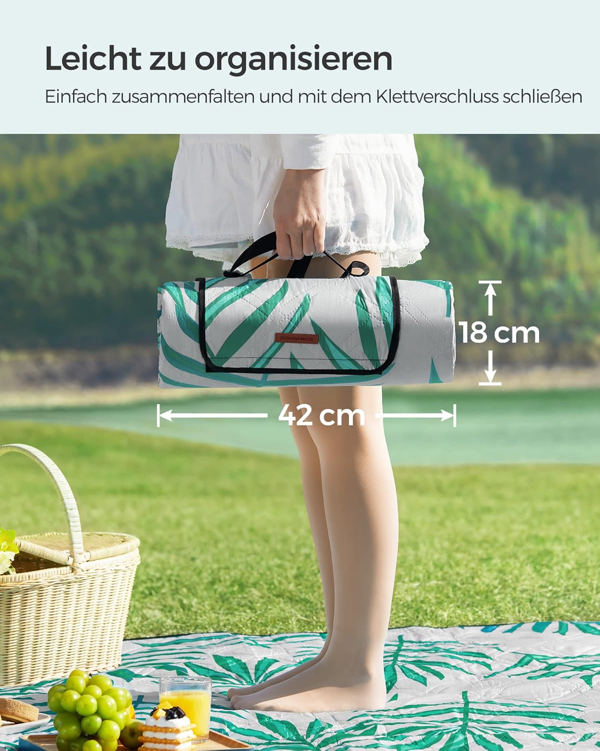 Picknickdecke wasserabweisend, 200L x 200l cm Farnmuster + Grau