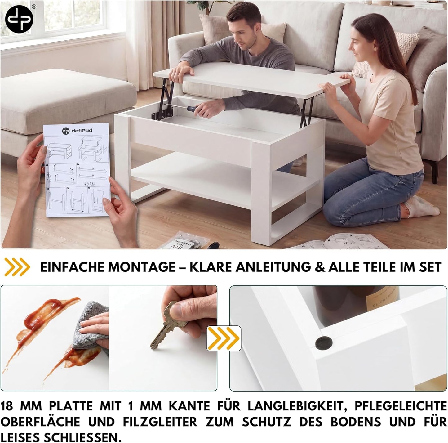 Höhenverstellbarer Couchtisch mit Stauraum und Ablage, Weiss