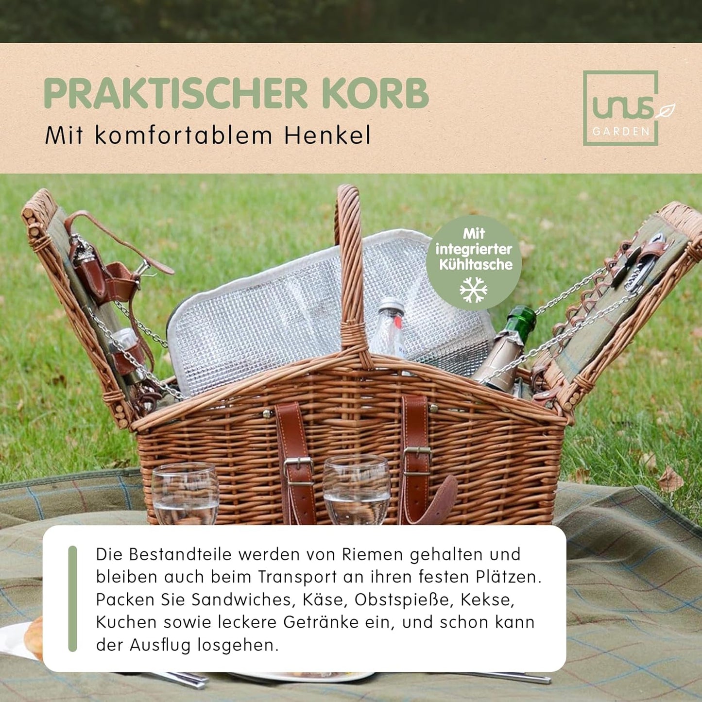 Picknick-Set für 2 Personen mit Kühltasche, Natur/Dunkelgrün