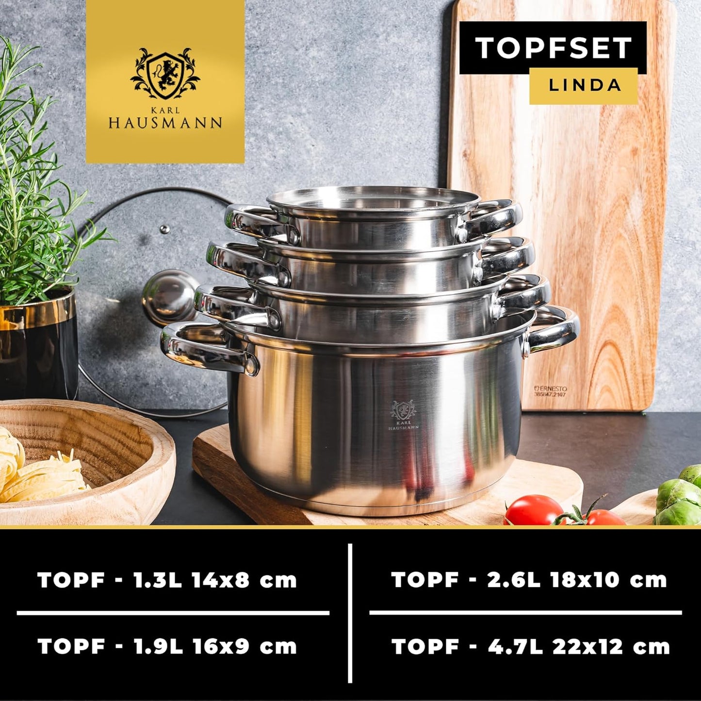 Topfset Induktion 4-teilig mit Glasdeckel