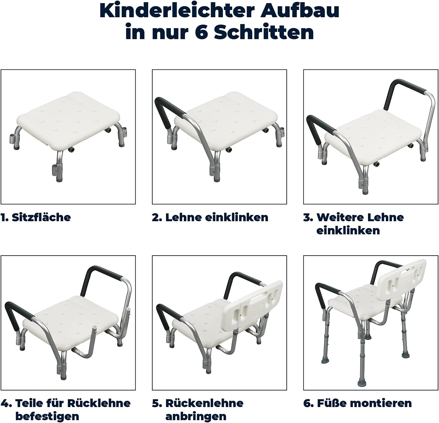Höhenverstellbarer Duschstuhl mit Arm- & Rückenlehne, rechteckig mit Arm- & Rückenlehne