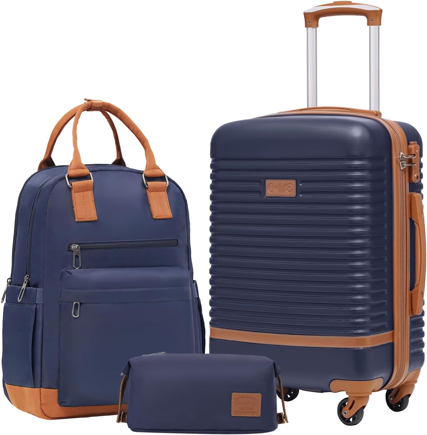 3-teiliges Handgepäckset: Hartschalenkoffer, Rucksack und Kulturbeutel, Handgepäck-Set 3tlg Blau/Braun