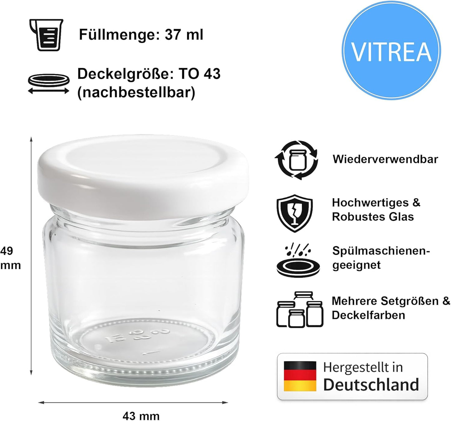 Mini Marmeladengläser mit Deckel (50 Stück, 37 ml), 37 ml 50