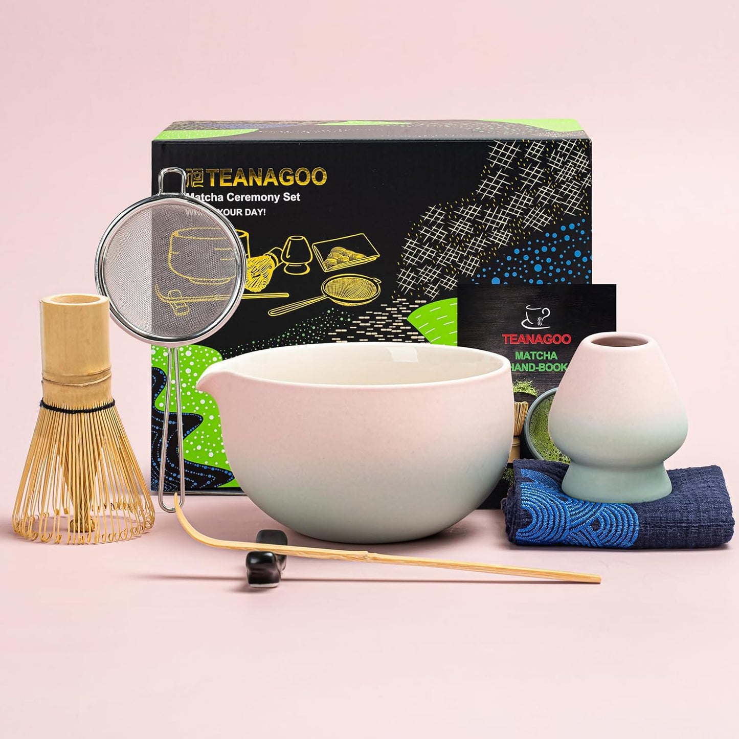 7-teiliges Matcha Tee-Zubehörset mit Schale und Besen, 7Stück/Set, Schüssel mit Ausgießer Grün Grident Rosa