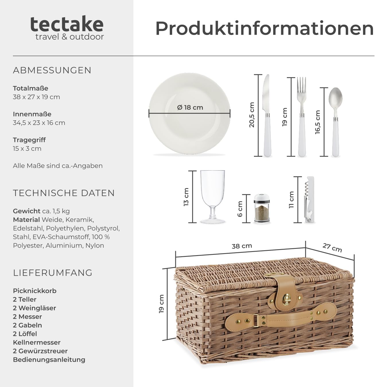 Picknickkorb Langeoog mit Kühlfach für 2 Personen, Model Langeoog