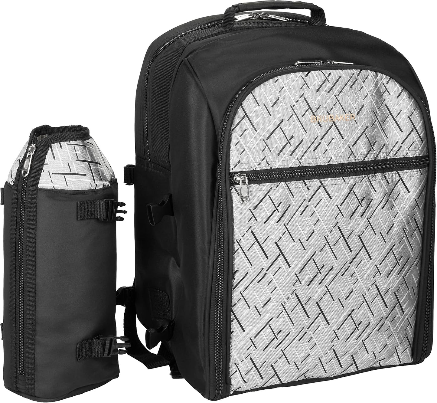 Picknickrucksack für 4 Personen inkl. Kühlfach + Iso-Flaschenhalter, Schwarz Silber - 4 Personen