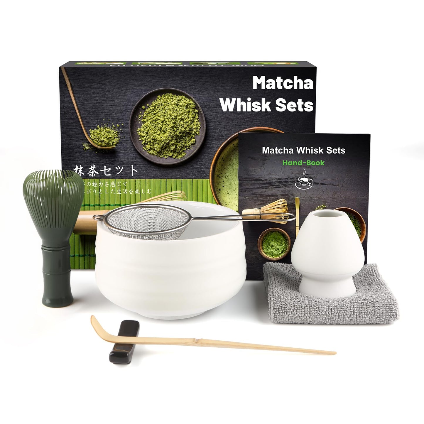 Matcha-Set, Flachauslauf, Mattweiss Harz – Grün