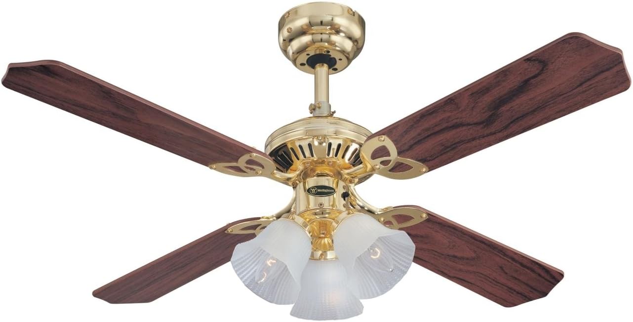 Deckenventilator Princess Trio inkl. Leuchten-Set, Ausführung in Poliertem Messing mit Wendeflügeln in Eiche mit Rattan/Mahagoni