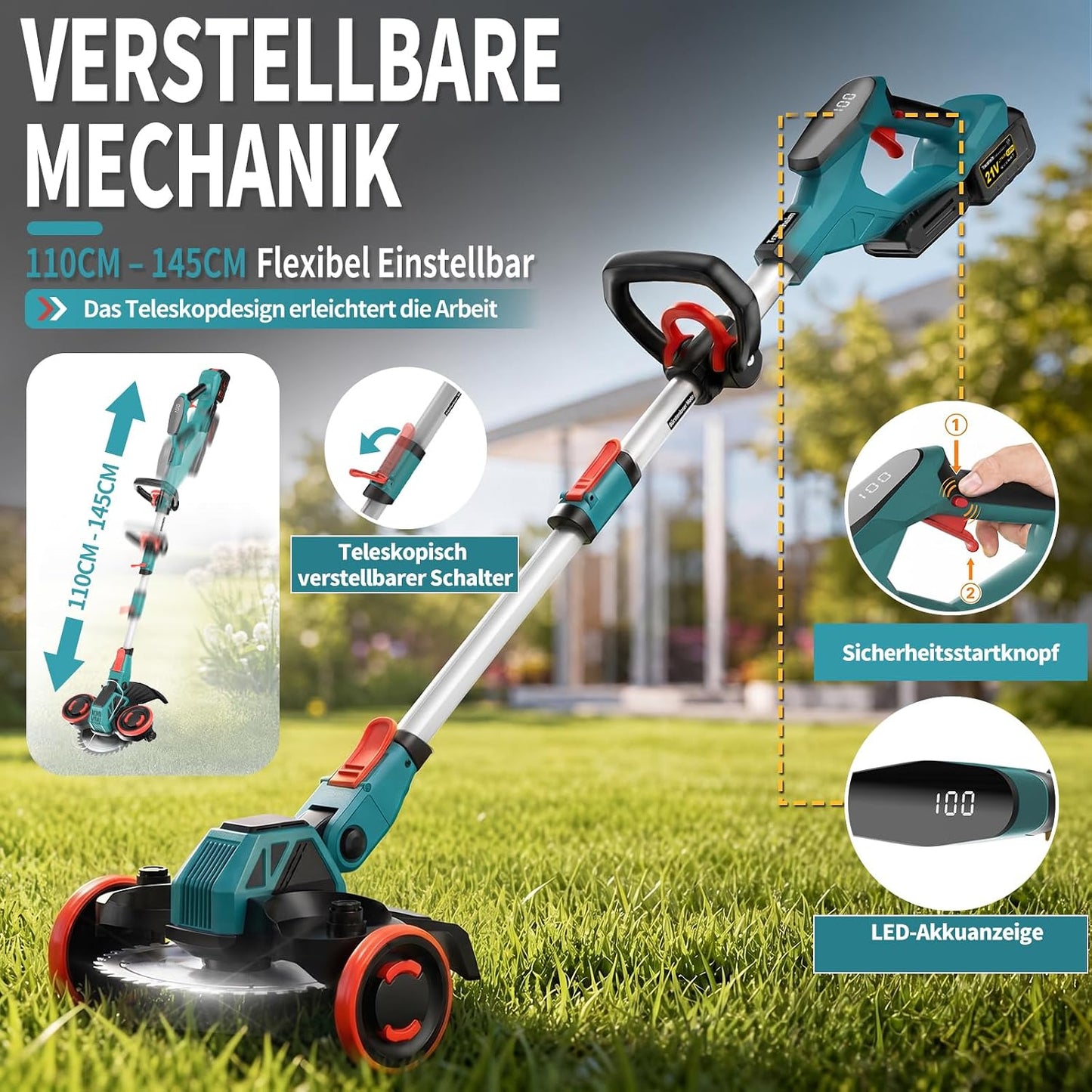 5-in-1 Akku-Rasentrimmer mit Unkrautbürste, Rot