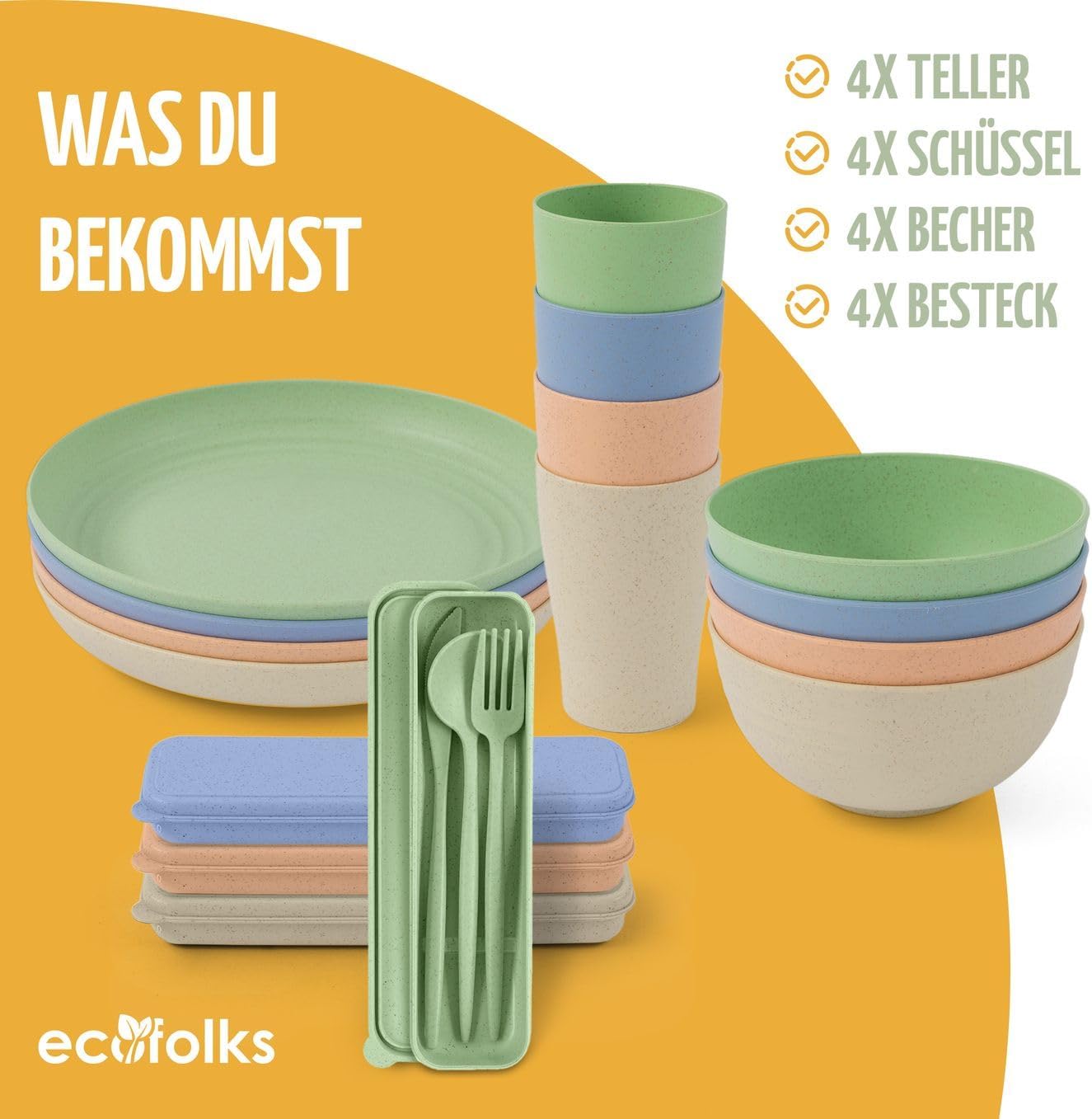 Umweltfreundliches Camping-Geschirrset (100% recycelt), Bunt