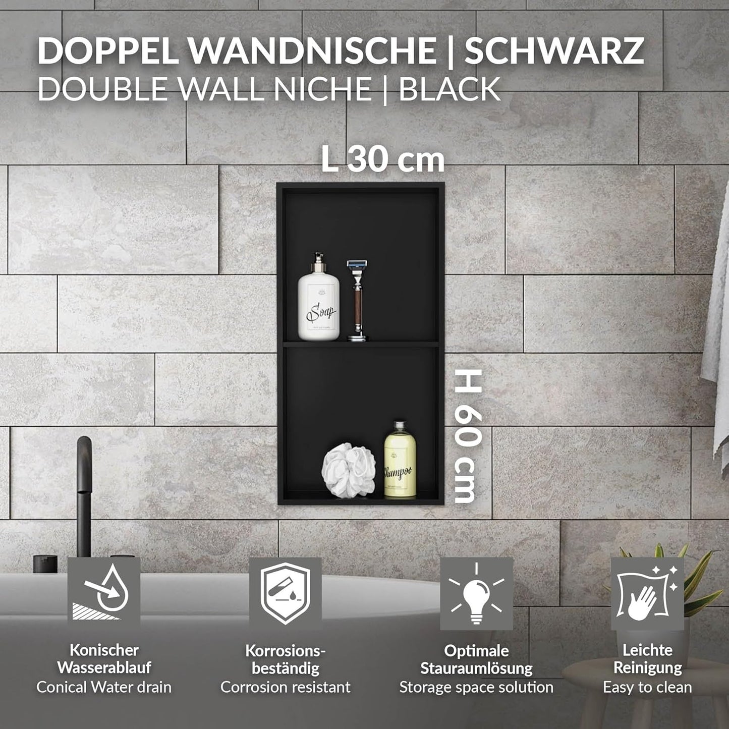 Duschnischen-Einbauregal, 30x60x10 cm Doppel Schwarz