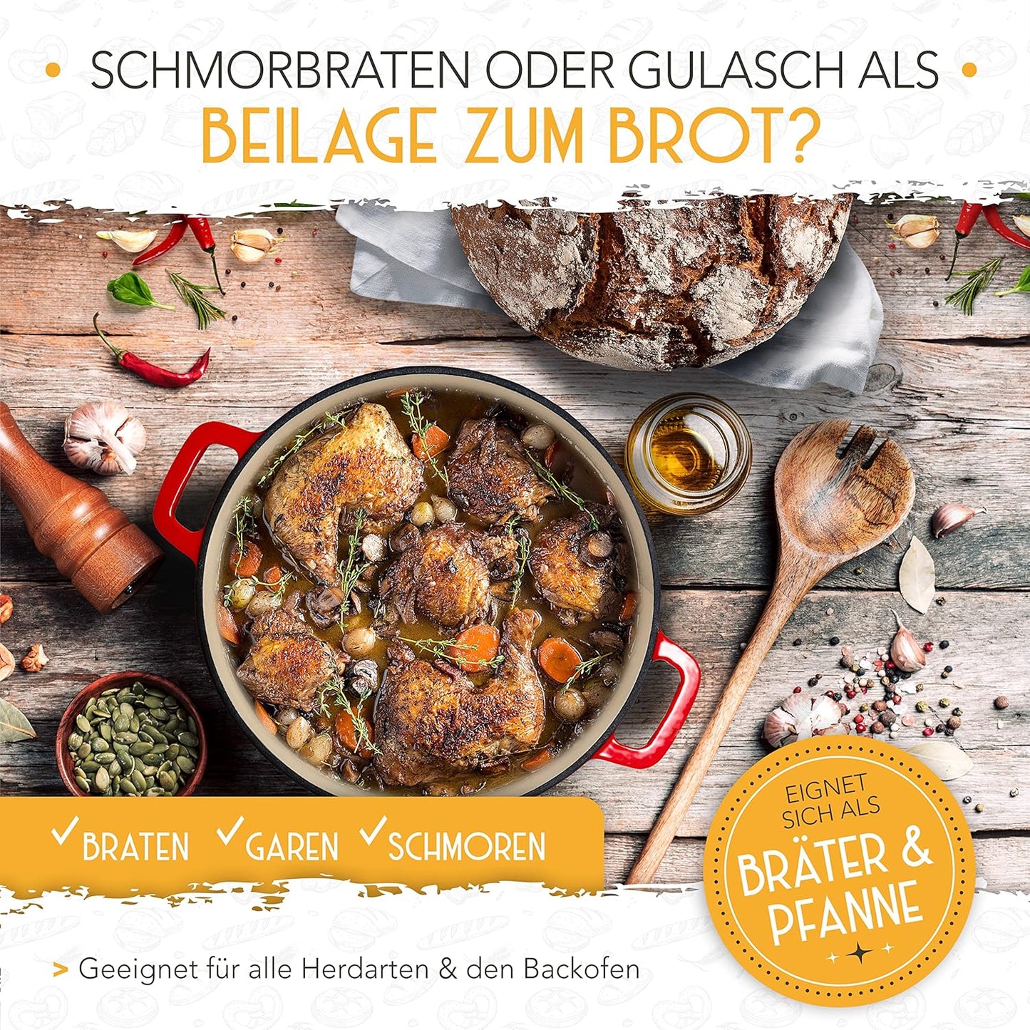 Gusseisen Brottopf mit Gärkorb, 2in1 Emaille Rot 2in1 Emaille Rot