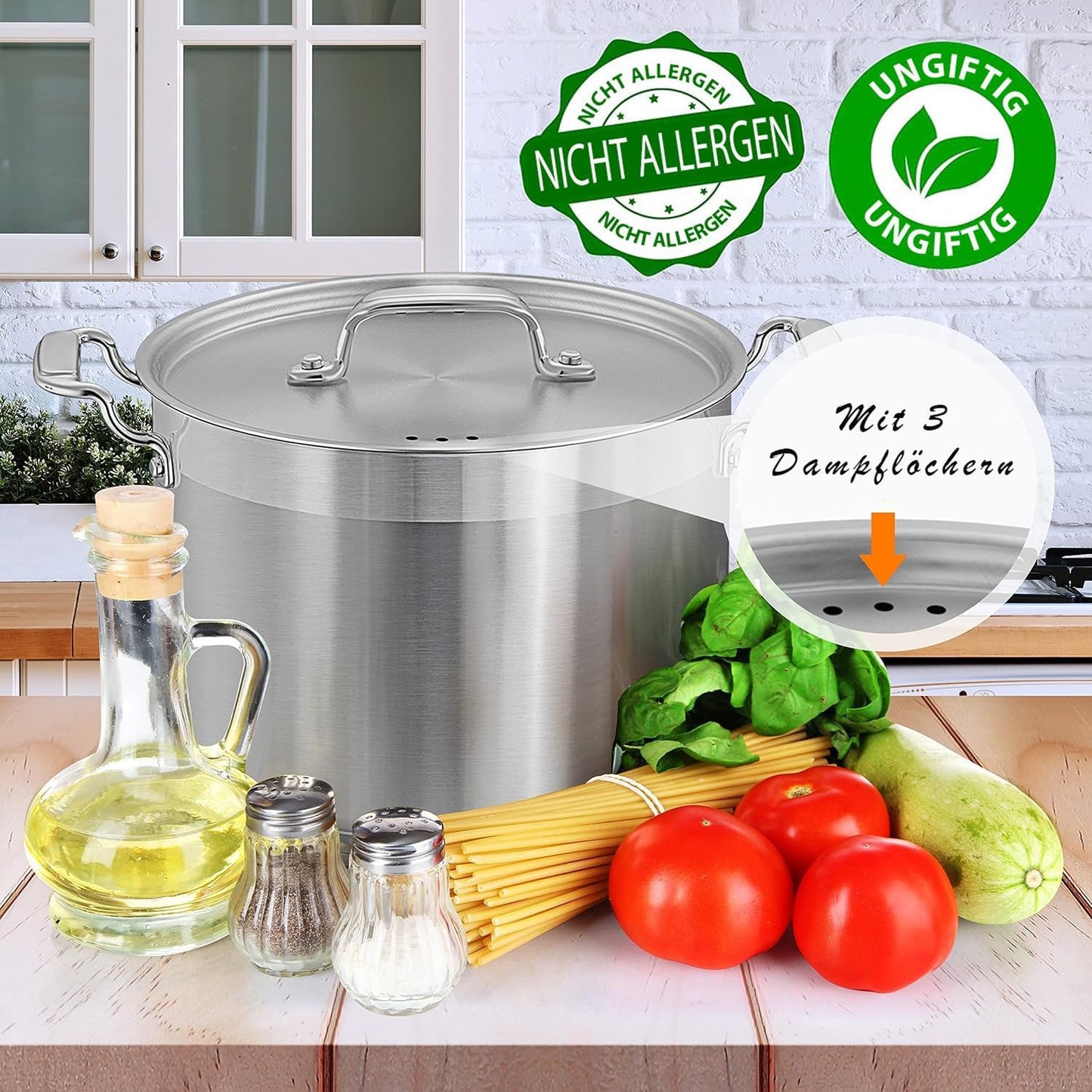 Induktionstopf Edelstahl 8 L mit Deckel, 8 Liter