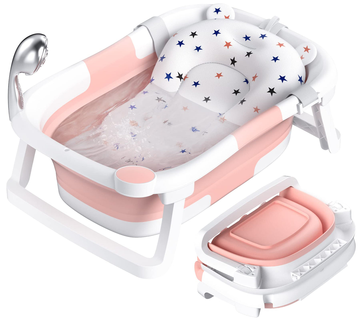 Faltbare Babybadewanne mit Rutschmatte und Abflussloch, Rosa