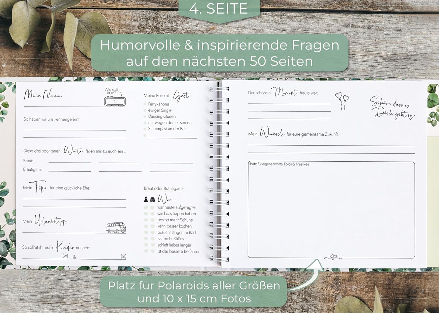Gästebuch mit Fragen, mit Fragen Eukalyptus + Gold