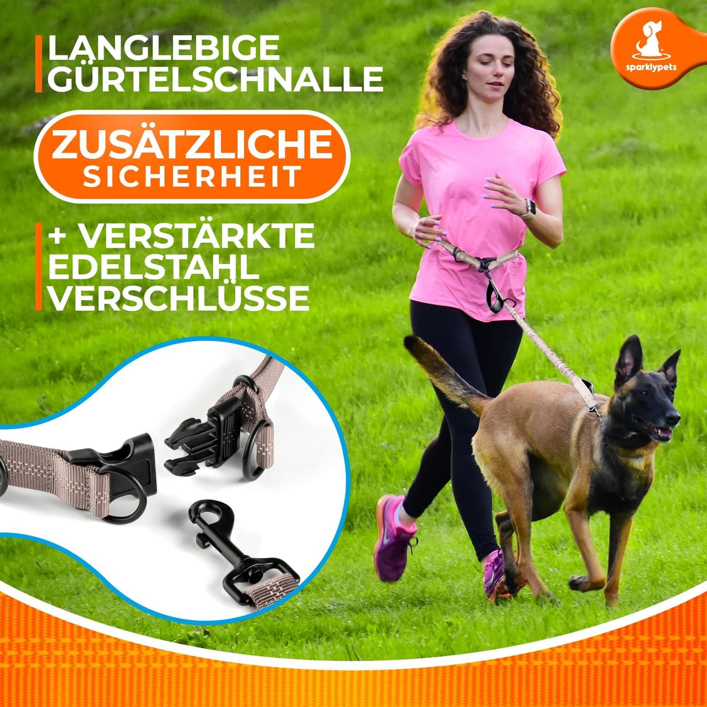 2 in 1 Joggingleine für Hunde mit Doppelgriff, Stossdämpfer und Bauchgurt, Braun Für ein Hund